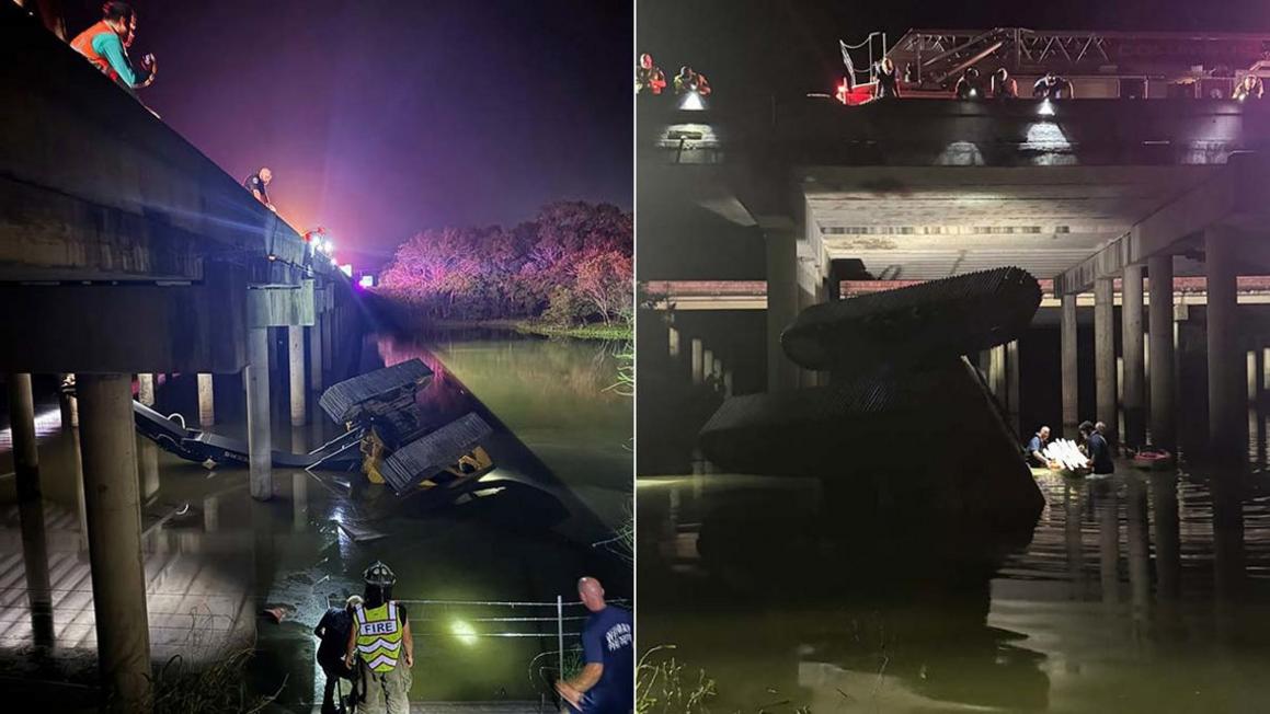 Tai nạn kinh hoàng ở Columbus, Texas: Xe cuốc rơi khỏi cầu I-10, lính cứu hỏa giải cứu công nhân