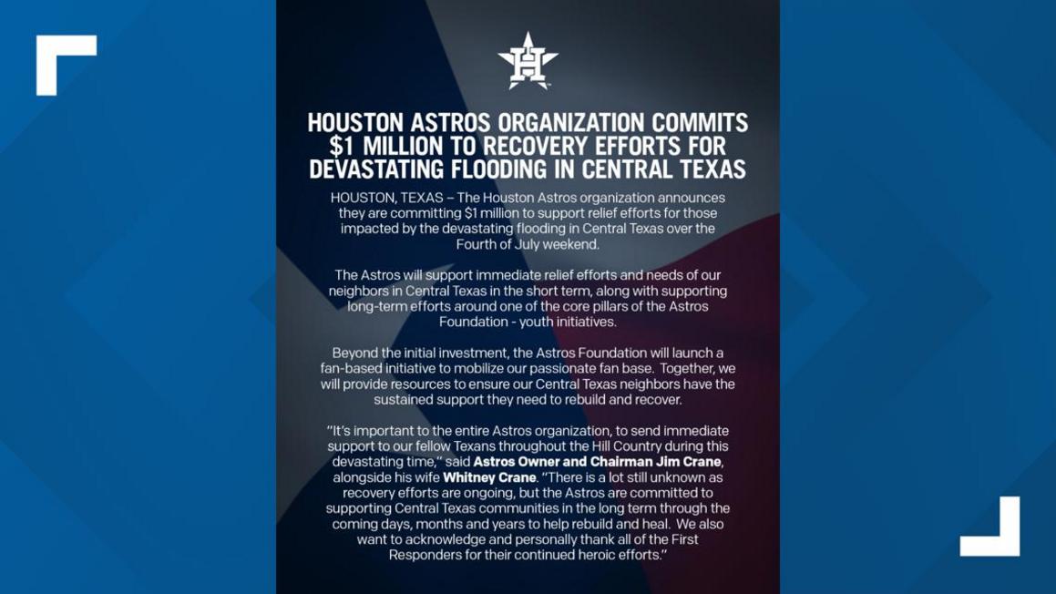 Astros cam kết 1 triệu đô la cứu trợ lũ lụt miền Trung Texas